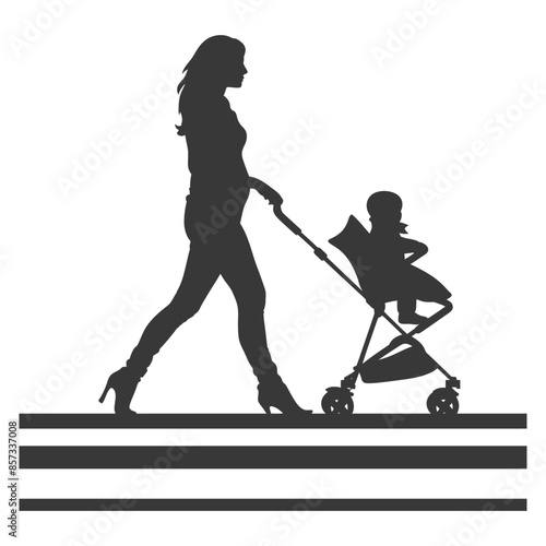 Silhouette: Stylish Mother in Heels Pushing Child in Stroller, Crosswalk.