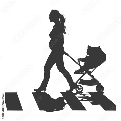 Pregnant Silhouette: Mother Pushing Stroller on Zebra Crossing, Pedestrian Safety.