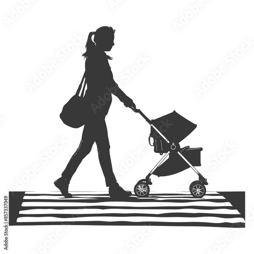 Silhouette: Mother crossing street with baby stroller and shoulder bag.