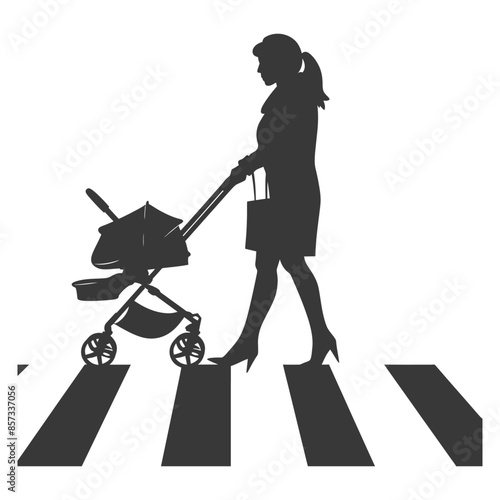 Silhouette Woman in Heels Pushing Stroller on Zebra Crossing, Isolated.