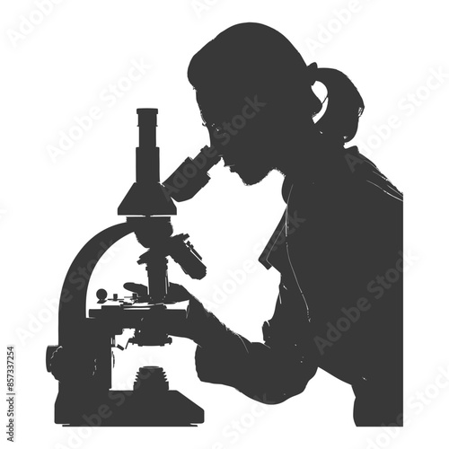 Silhouette: Female scientist examining specimen under microscope in lab.