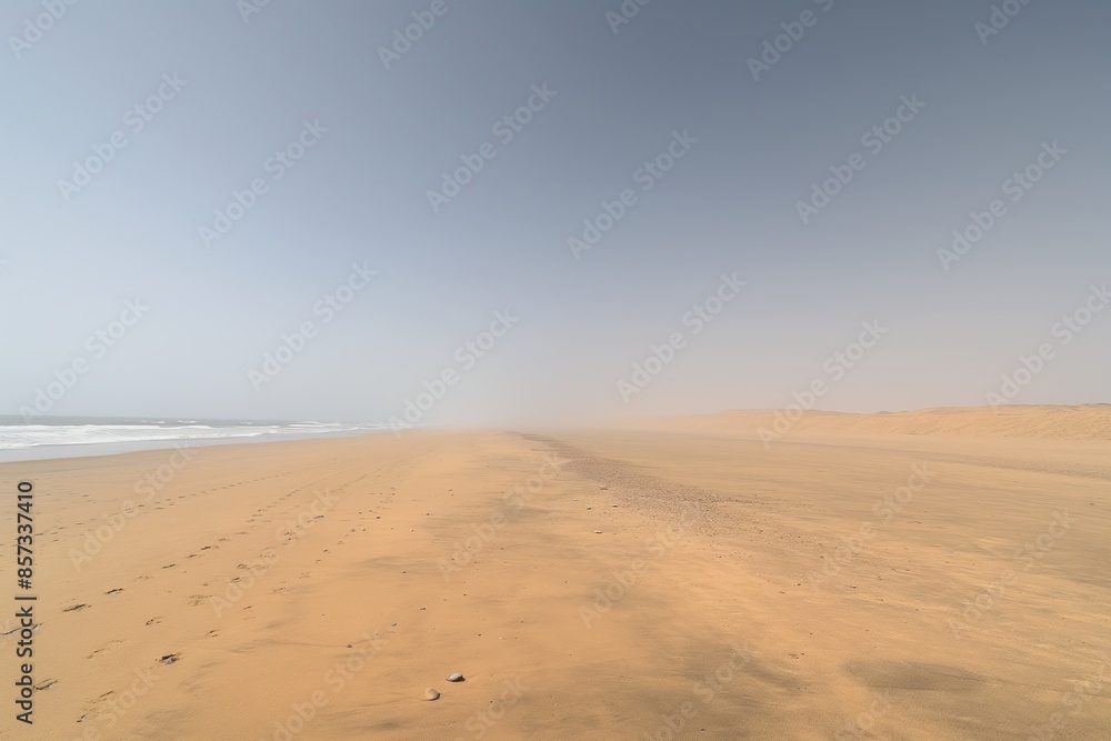 Tranquil scene of a sandy beach with ocean waves and a clear sky that gives a sense of calmness and solitude Tranquil scene of a sandy beach with ocean waves and a clear sky that gives a sense of calmness and solitude