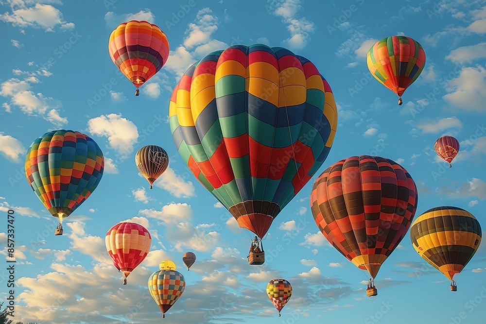 Obraz premium A hot air balloon festival with numerous balloons in various colors and patterns floating in the sky. 