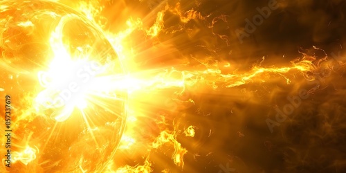 Abstract background of bright orangeyellow glow from solar flares emitting light energy. Concept Solar flares, Bright orange-yellow glow, Abstract background, Light energy, Cosmic phenomenon photo