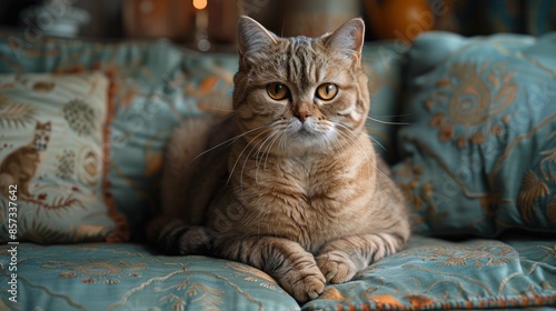 Wallpaper Mural A tabby cat relaxes on a blue couch with floral patterns Torontodigital.ca