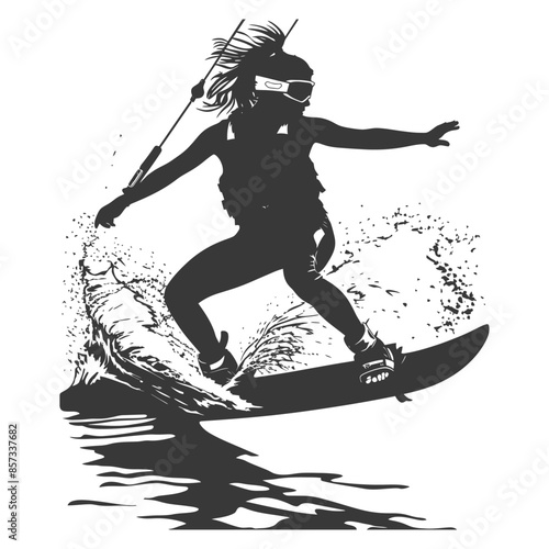 silhouette woman wakeboarder athlete in action full body black color only