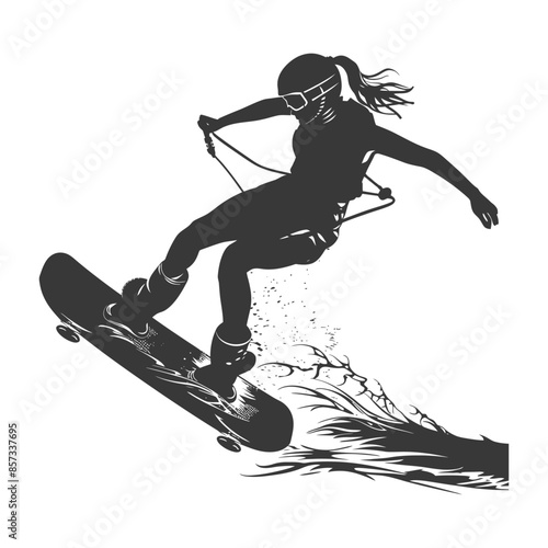 silhouette woman wakeboarder athlete in action full body black color only