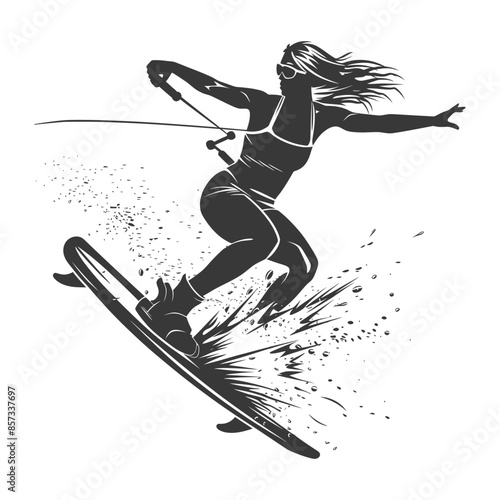 silhouette woman wakeboarder athlete in action full body black color only