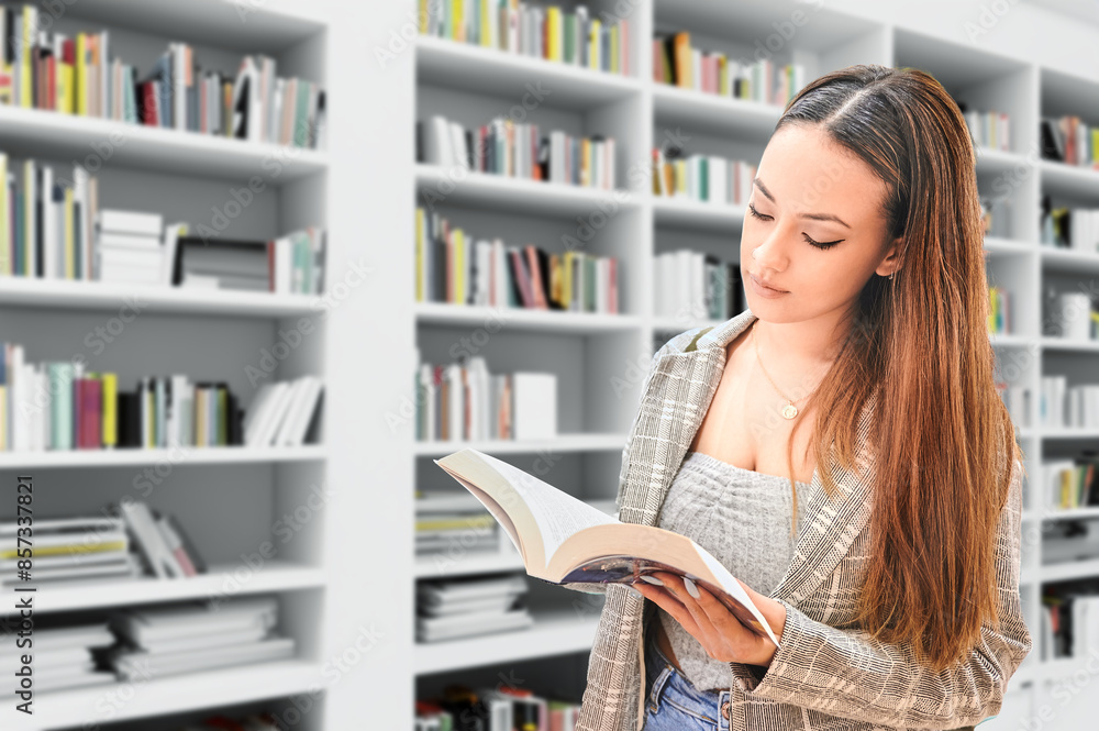 Scene in a bookstore, young and attractive woman looks through a book she is holding while standing in an aisle of the store Scene in a bookstore, young and attractive woman looks through a book she is holding while standing in an aisle of the store
