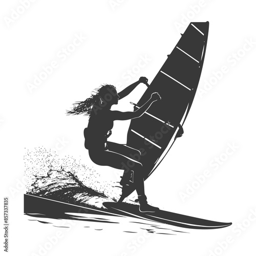 Windsurfer Silhouette: Woman Carving Wave, Graphic Style.