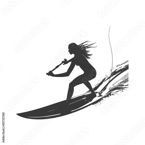 Silhouette of a Wakeboarding Woman: Textured Black on White, Action Sport
