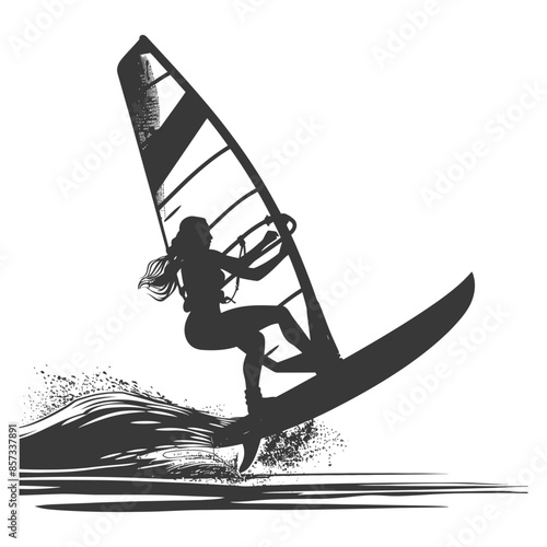 Windsurfer Silhouette: Woman Riding Wave, Textured Vector Art