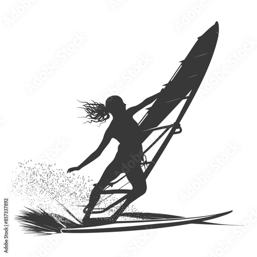 Windsurfer Silhouette: Woman Gliding on Water, Dynamic Water Sports Illustration.
