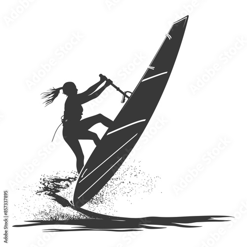 Windsurf Silhouette: Woman Rider Gliding Through Water, Extreme Sport Graphic.