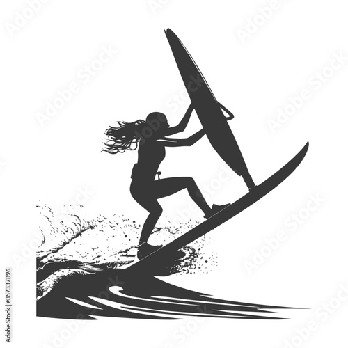 Windsurfing Silhouette: Woman in Harness Riding a Wave, Black and White Graphic.