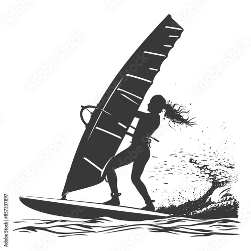 Silhouette of a Focused Woman Windsurfing with Dynamic Water Spray.