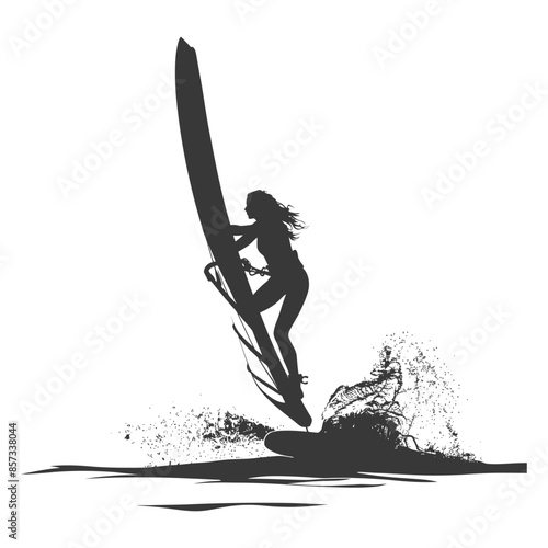 Windsurfer Silhouette: Woman in Action, Water Splash Detail.