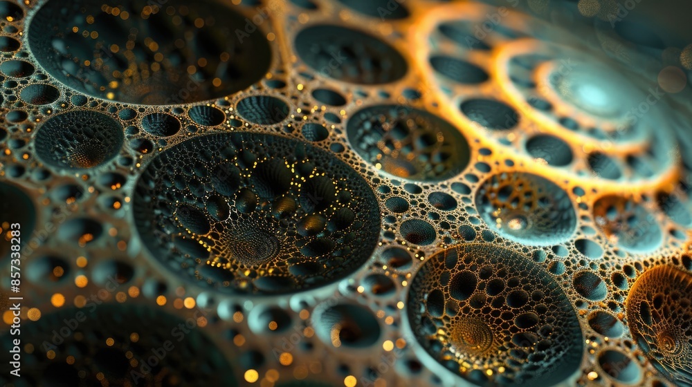 A close up of a pattern of circles with a gold hue A close up of a pattern of circles with a gold hue