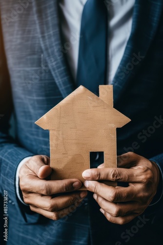 a man in a suit holding a house model photo