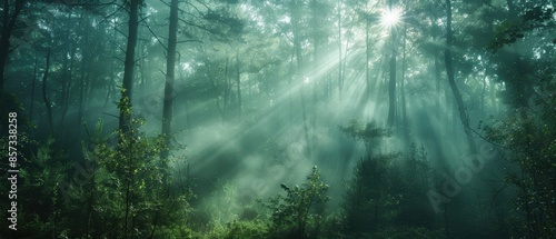 Misty forest with sunlight streaming through the trees