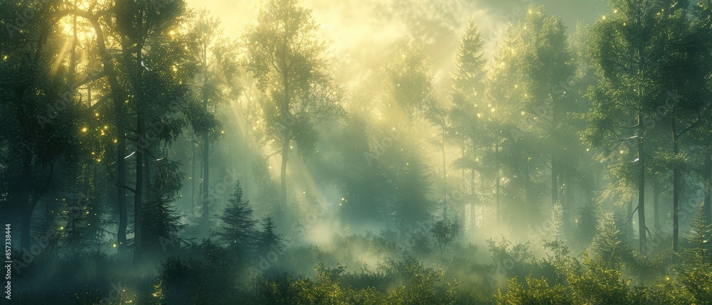 Misty forest with sunlight streaming through the trees Misty forest with sunlight streaming through the trees