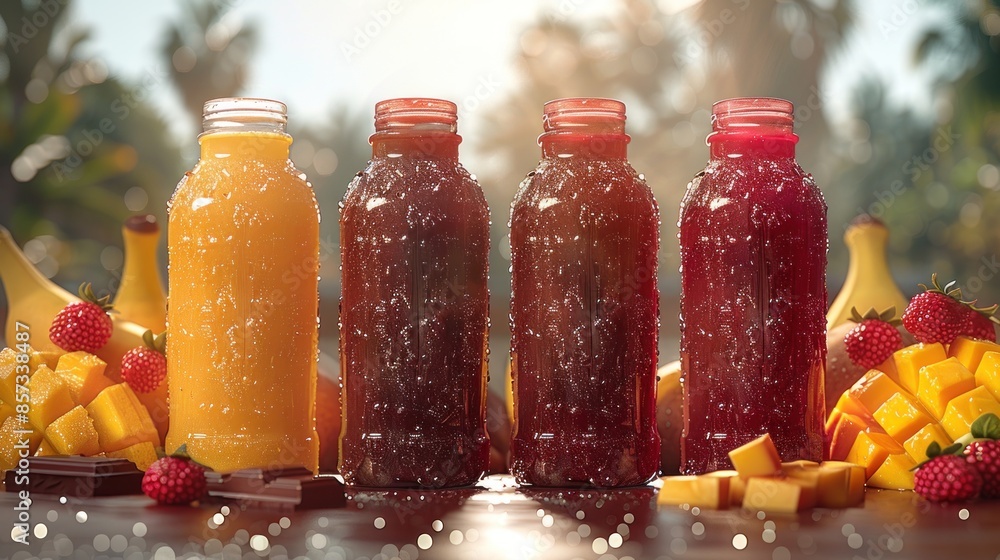 Four glass bottles of fruit juice, fruit, and chocolate Four glass bottles of fruit juice, fruit, and chocolate