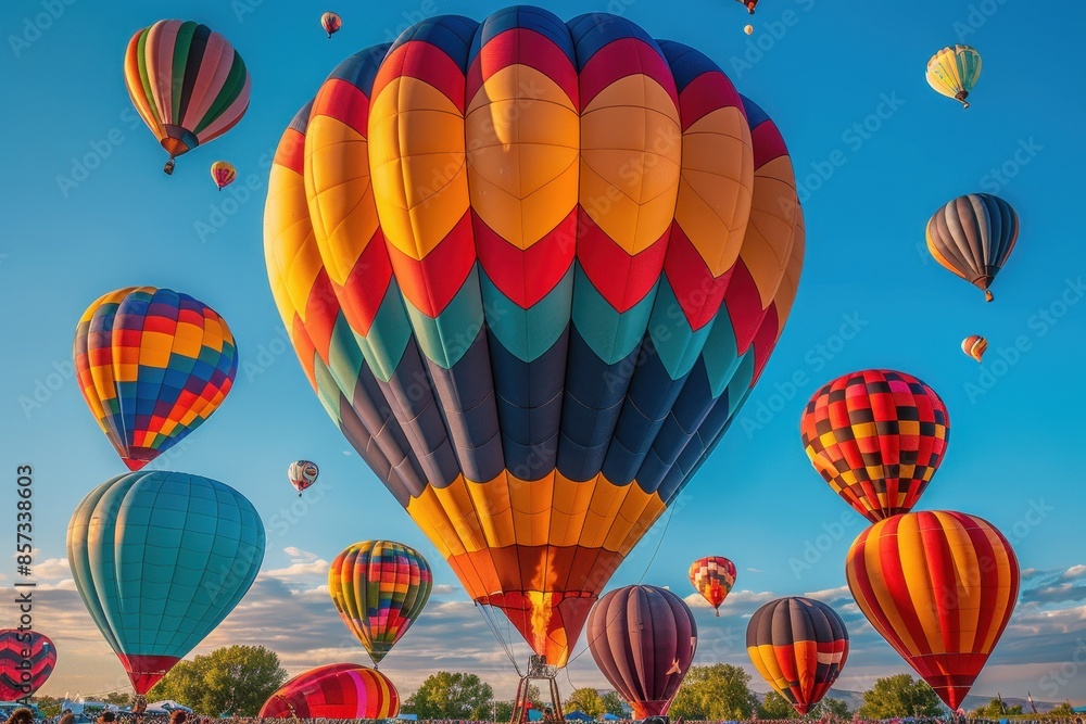 Obraz premium A hot air balloon festival with numerous balloons in various colors and patterns floating in the sky.