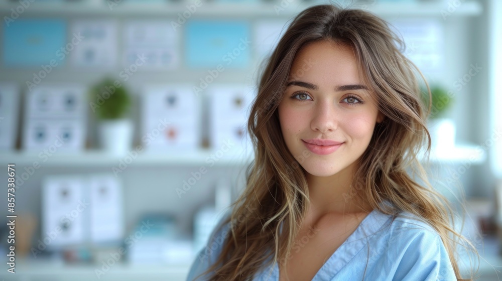 A young woman with long brown hair smiles warmly in a bright, airy room A young woman with long brown hair smiles warmly in a bright, airy room