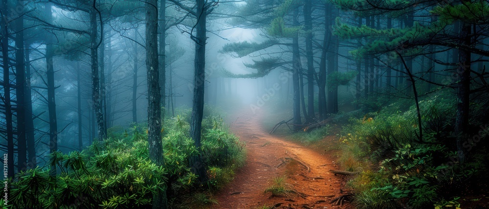 Misty forest with tall trees and a winding path Misty forest with tall trees and a winding path