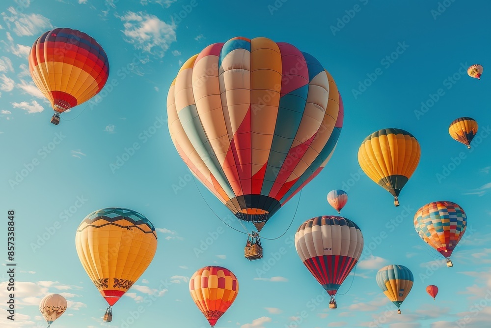 Obraz premium A hot air balloon festival with numerous balloons in various colors and patterns floating in the sky. 