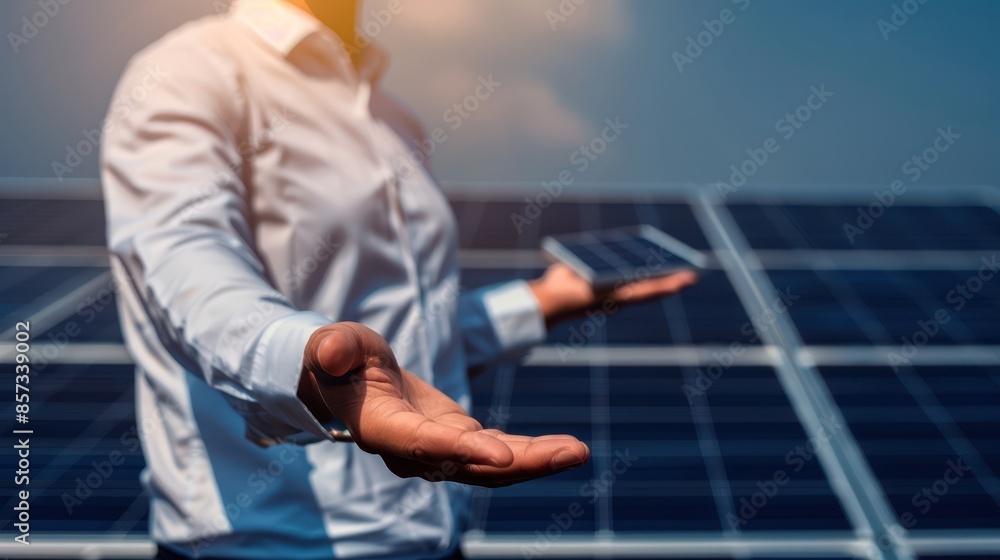 a man in a white lab coat is standing in front of solar panels a man in a white lab coat is standing in front of solar panels