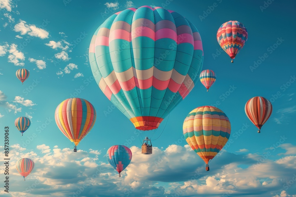 Naklejka premium A hot air balloon festival with numerous balloons in various colors and patterns floating in the sky. 