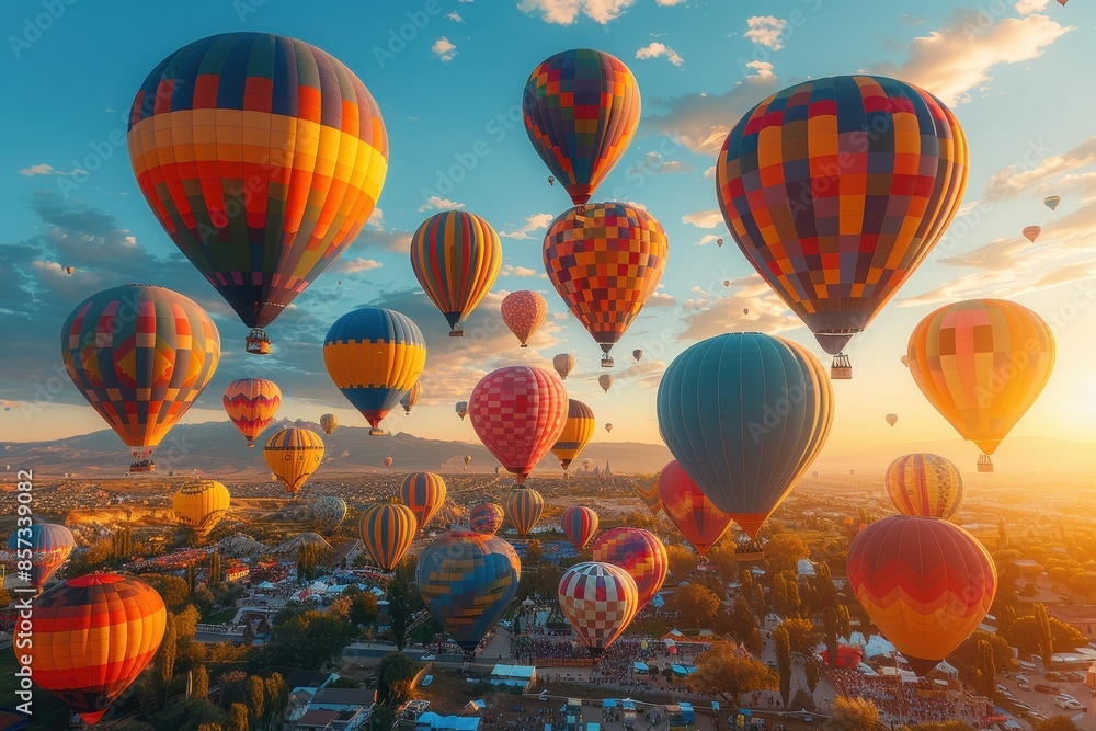 Fototapeta premium A hot air balloon festival with numerous balloons in various colors and patterns floating in the sky. 