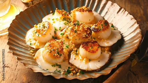 imagine prompt A plate of Coquilles SaintJacques, featuring seared scallops in a creamy white wine sauce, served in scallop shells with a sprinkle of breadcrumbs and parsley, photo