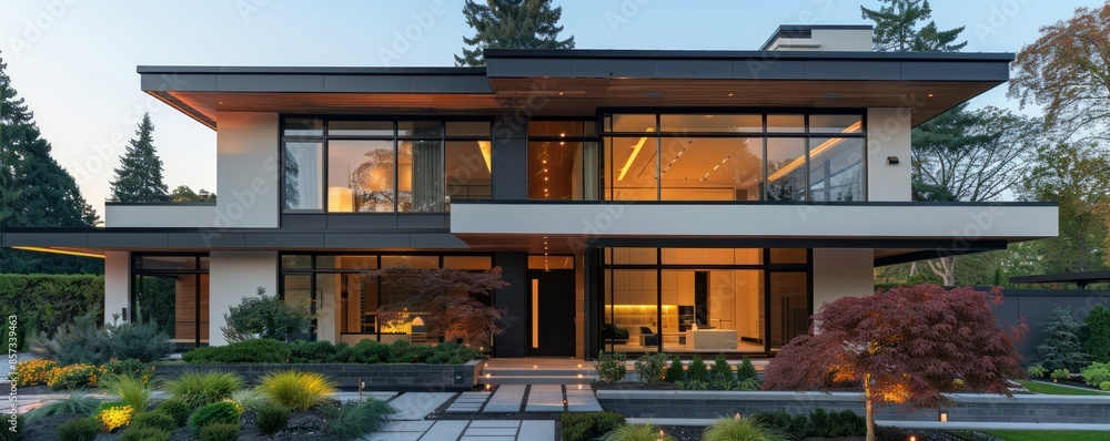 Modern suburban house with clean, angular lines. Modern suburban house with clean, angular lines.