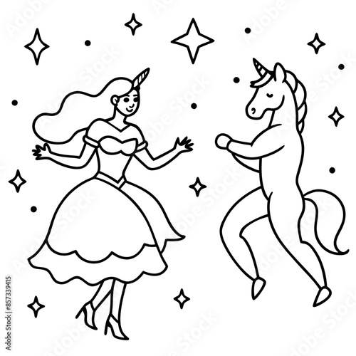 Cute princess cuddles with a unicorn. Coloring book page with colorful template for kids. Isolated illustration. For coloring book