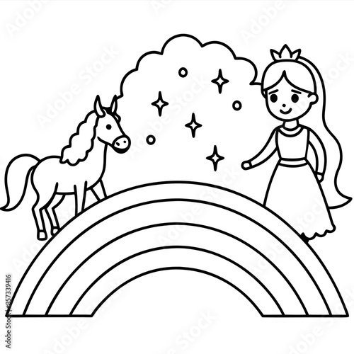 Cute princess cuddles with a unicorn. Coloring book page with colorful template for kids. Isolated illustration. For coloring book