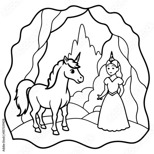 Cute princess cuddles with a unicorn. Coloring book page with colorful template for kids. Isolated illustration. For coloring book