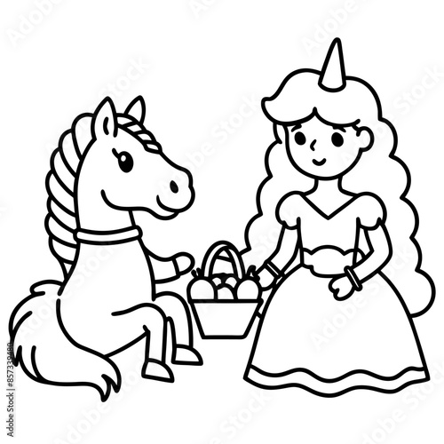 Cute princess cuddles with a unicorn. Coloring book page with colorful template for kids. Isolated illustration. For coloring book