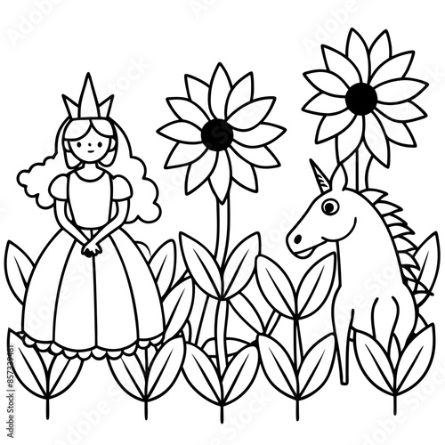 Cute princess cuddles with a unicorn. Coloring book page with colorful template for kids. Isolated illustration. For coloring book