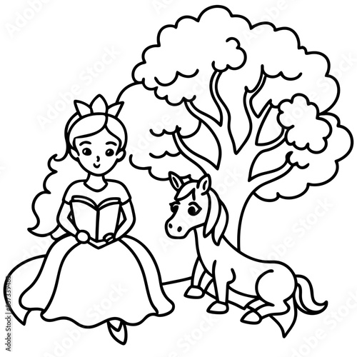 Cute princess cuddles with a unicorn. Coloring book page with colorful template for kids. Isolated illustration. For coloring book