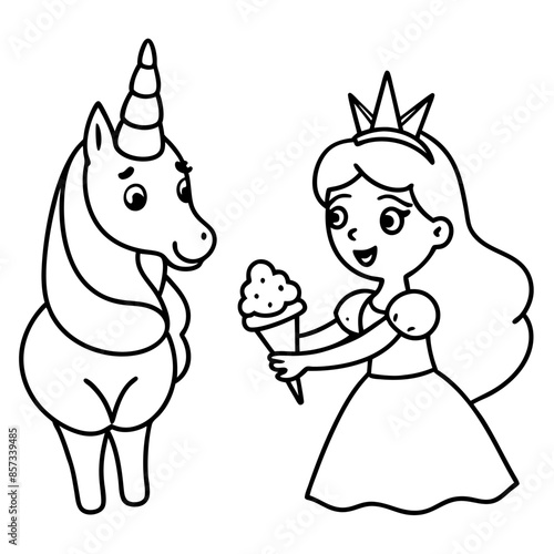 Cute princess cuddles with a unicorn. Coloring book page with colorful template for kids. Isolated illustration. For coloring book