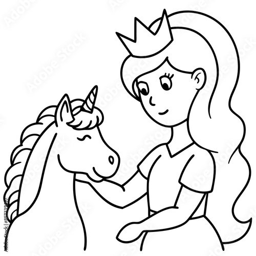 Cute princess cuddles with a unicorn. Coloring book page with colorful template for kids. Isolated illustration. For coloring book