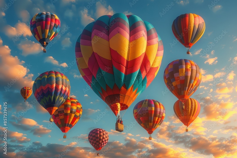 Fototapeta premium A hot air balloon festival with numerous balloons in various colors and patterns floating in the sky. 