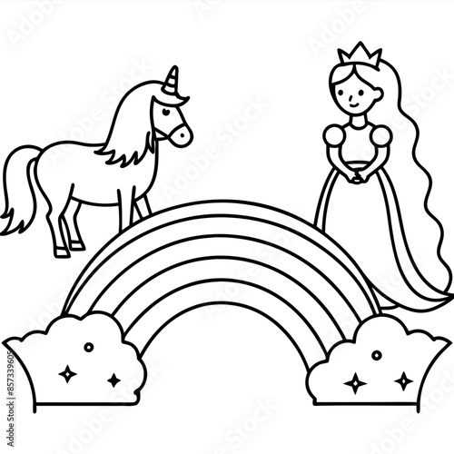 Cute princess cuddles with a unicorn. Coloring book page with colorful template for kids. Isolated illustration. For coloring book