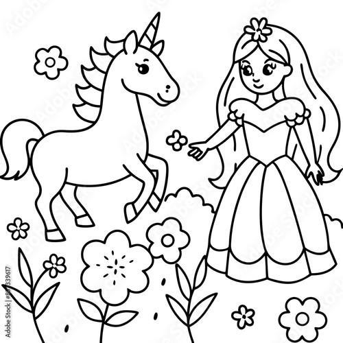 Cute princess cuddles with a unicorn. Coloring book page with colorful template for kids. Isolated illustration. For coloring book