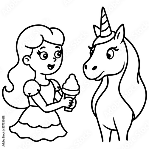 Cute princess cuddles with a unicorn. Coloring book page with colorful template for kids. Isolated illustration. For coloring book