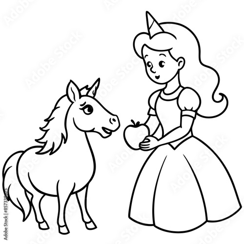 Cute princess cuddles with a unicorn. Coloring book page with colorful template for kids. Isolated illustration. For coloring book