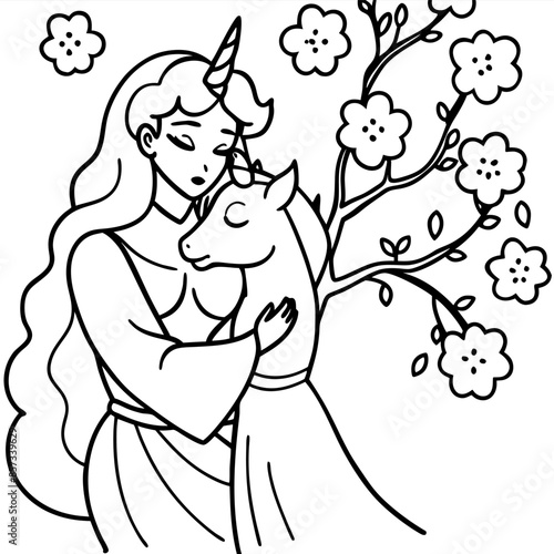 Cute princess cuddles with a unicorn. Coloring book page with colorful template for kids. Isolated illustration. For coloring book