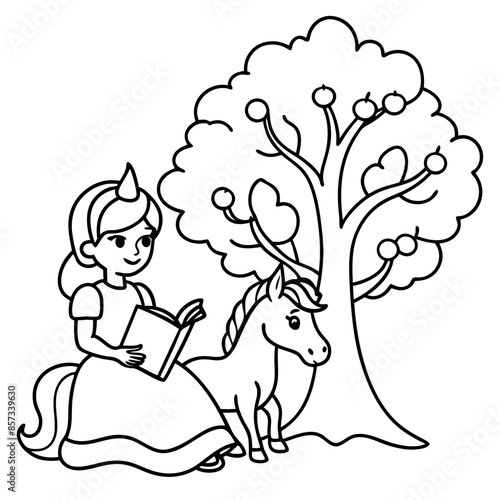 Cute princess cuddles with a unicorn. Coloring book page with colorful template for kids. Isolated illustration. For coloring book